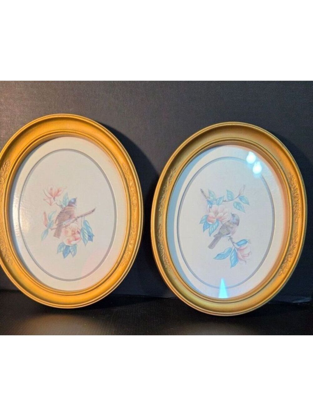 Pair of Vintage Oval Gold Frames with Bird and Floral Prints